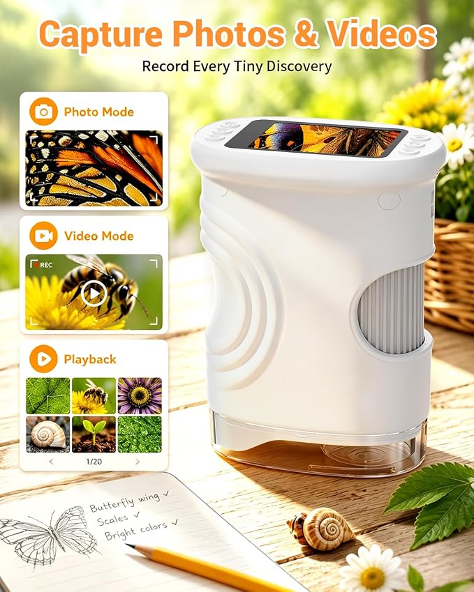 Handheld Microscope for Kids with 2.0" IPS Screen Digital Outdoor Gifts | Portable STEM Science Lab Toy, Rechargeable Pocket Microscope Age 8-12 Educational Gift for Boys & Girls, White