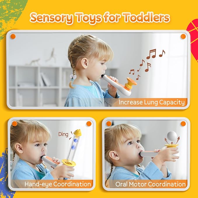 TOP BRIGHT 3 in 1 Sensory Toys for Toddlers with Whistle & Ball Blowing | Early Development Activity Toys for Speech Therapy, Montessori Fine Motor Skills Toys for 3 4 5 Year Old Boys Girls Gifts