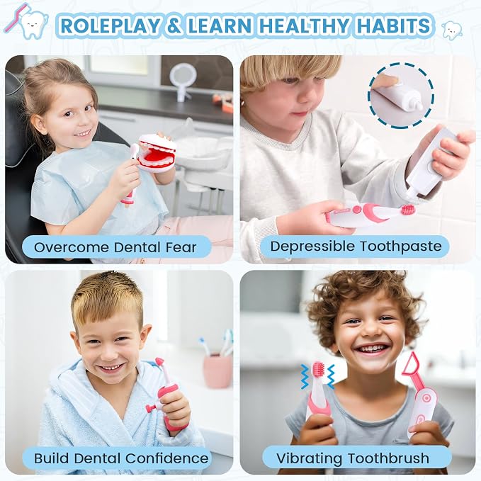 Dentist Play Set for Kids Ages 3-8, 26PCS Realistic Pretend Dental Toy Kit with Teeth Cleaning Tools, Doctor Costume & Learning Guide. STEM Educational Toys, Toddler Medical Kit for Boys & Girls Gifts