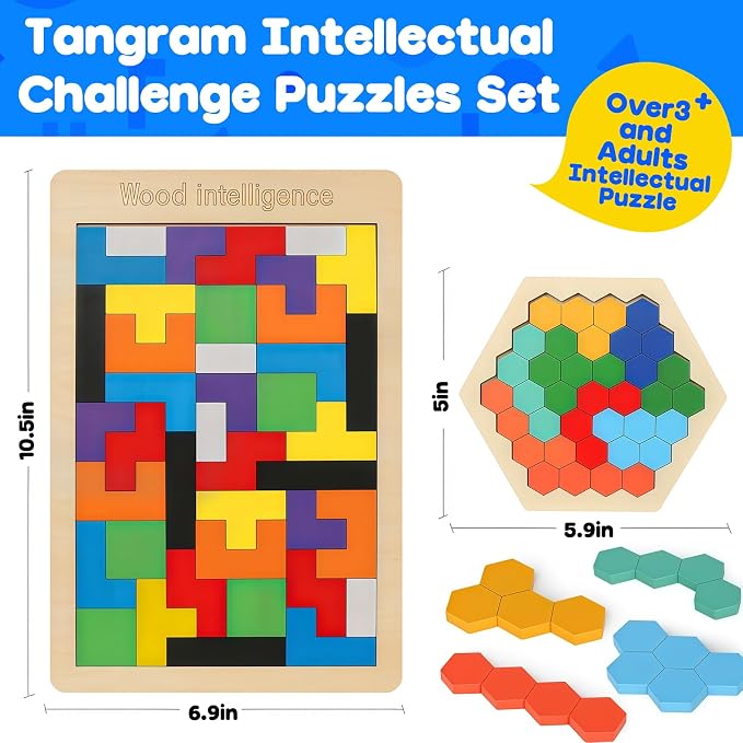 4 Pack Wooden Hexagon Puzzle, STEM Logic IQ Travel Game for Kids Adults | Montessori Educational Toy, Geometric Shape Blocks, Logic IQ Game, Ideal Gift for Kids Teens Adults