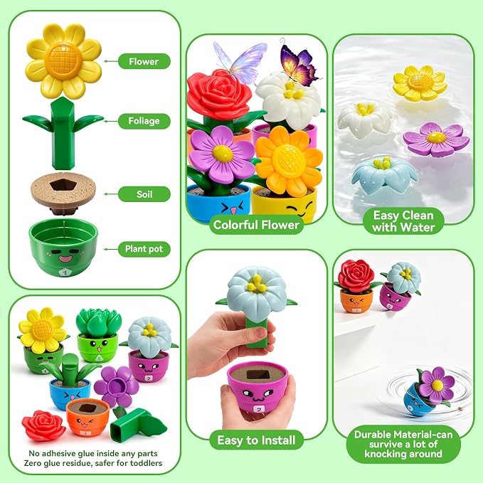 Montessori Flower Garden Building Toy for Girls & Boys, Toddler Gardening Set with 5 Shape & Number Flowers, Preschool Learning Matching & Stacking Game, Sensory Toys Gifts for 1 2 3 Year Old