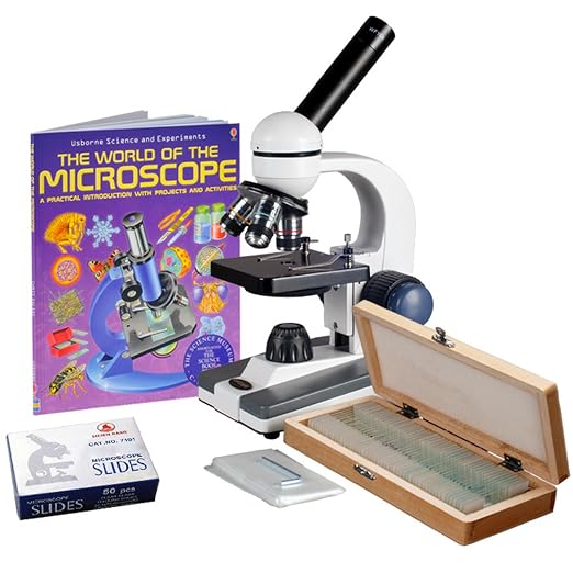 AmScope M150C-50WM-50P100S Compound Monocular Microscope, WF10x and WF25x | 40X-1000X Magnification Range Compound Biological Microscope Built-In LED Illumination Brightfield Imaging Built-In