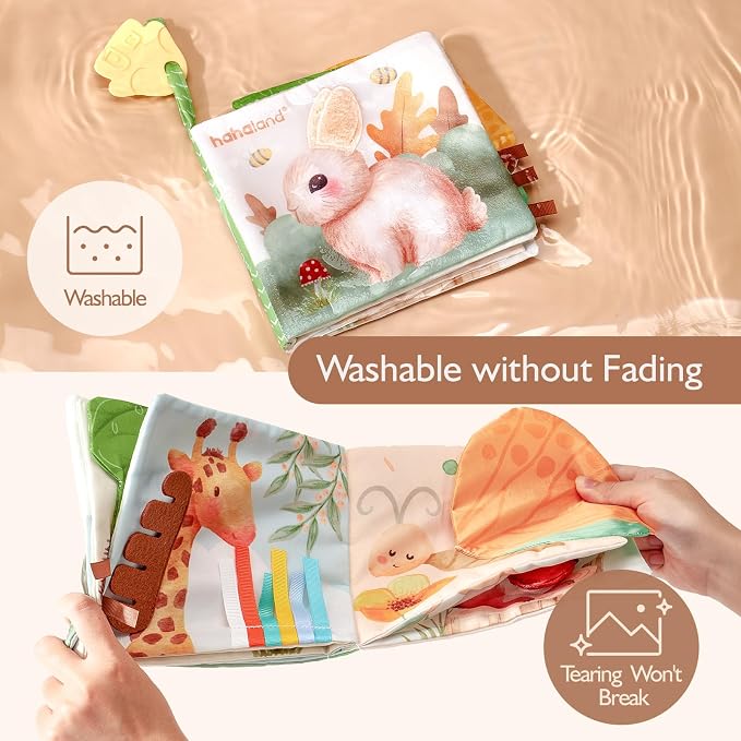 hahaland Baby Soft Cloth Crinkle Books Touch and Feel Sensory Infant Toy | Interactive Book with Mirror Teether, Perfect for 0+ 3 6 Months Baby Girl Boy Newborn Essentials