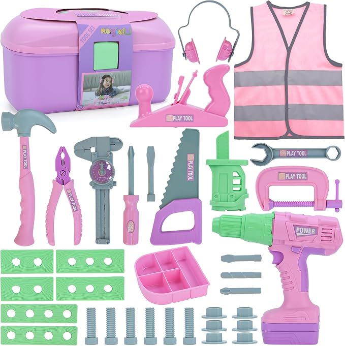 Magic4U Kids Tool Set,Toddler Toolbox with Electric Drill Working Vest | Electric Drill and Saw Toy with 3 bits, Realistic Sounds, Develop Fine Motor Skills and Hand-eye Coordination, STEM Education