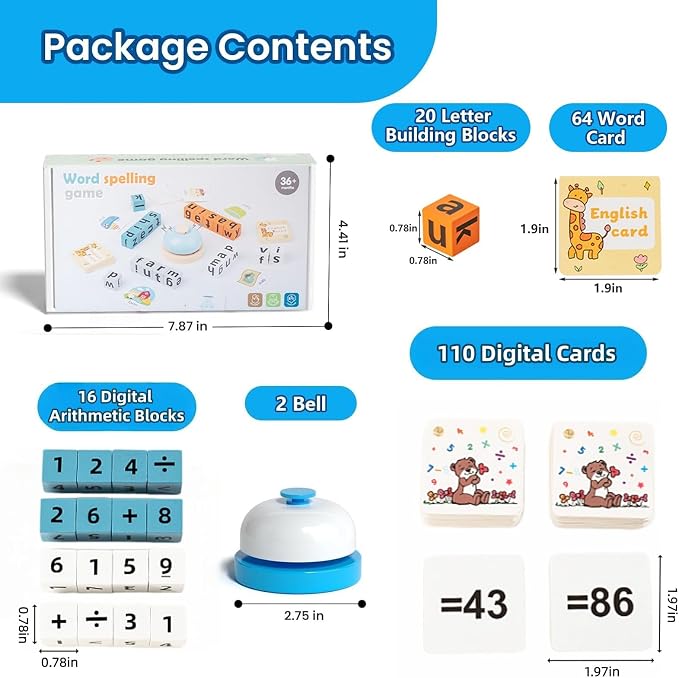 Wooden 2-in-1 Word Spelling & Math Counting Game for Kids Ages 3-6, Letter Number Puzzle Blocks with Flashcards, Educational Toy Gift for Boys and Girls, 2+ Players Family Night