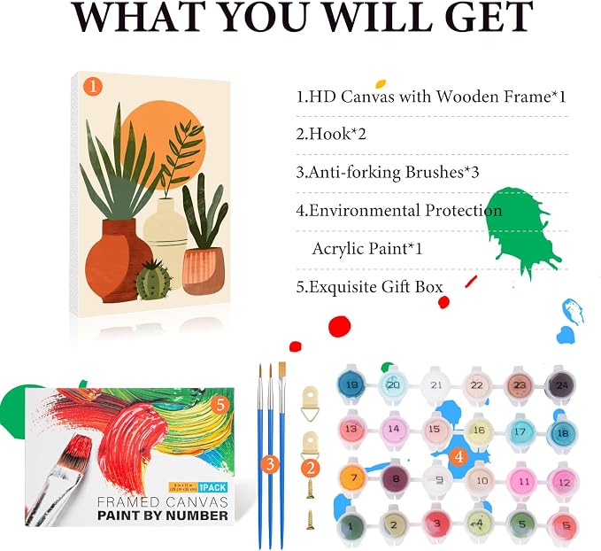 Easy Plant Framed Paint by Numbers Kit for Adults Beginner 8x12 Inch | For Adults & Kids Ages 8-12, DIY Acrylic Painting, Simple Paint by Numbers with frame, Stress Relief Home Wall Decor Gifts