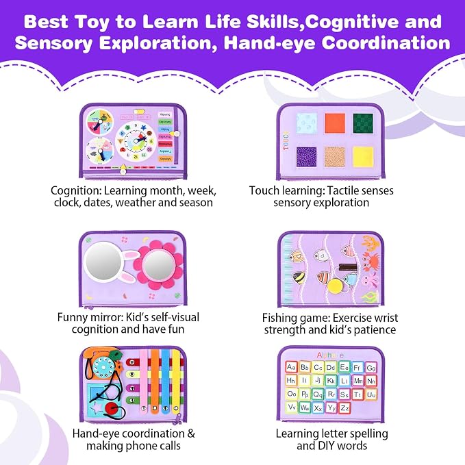 Busy Board Montessori Toys, Birthday Gifts for Girls, Autism Sensory Travel Toy, Educational Activity Busy Book, Preschool Learning Fine Motor Skills Toys,Purple