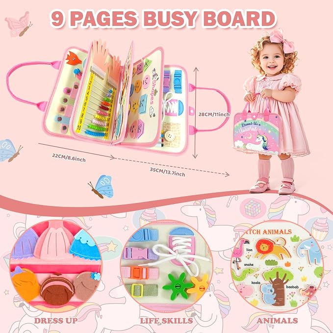 Aurasys Toddler Busy Board Montessori Travel Toy for Girls (Pink) | Educational Sensory Learning Busy Book for Airplane and Car Activities, Birthday Gift for Girls