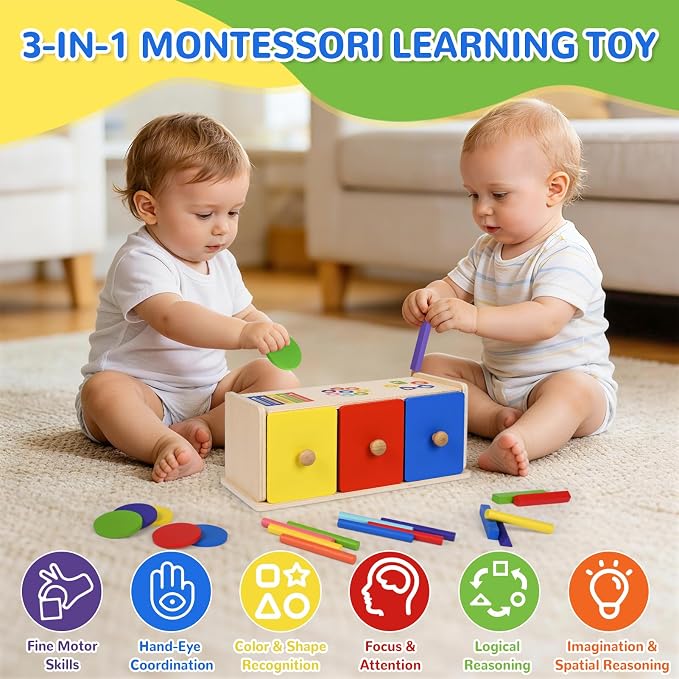 Wooden Montessori Toys for 1+ Year Old, Fine Motor Skills Sensory Preschool Learning Educational Toys, 3 in 1 Color Sorting Drawer Box Toddler Gifts for Boys & Girls 12-36 Months