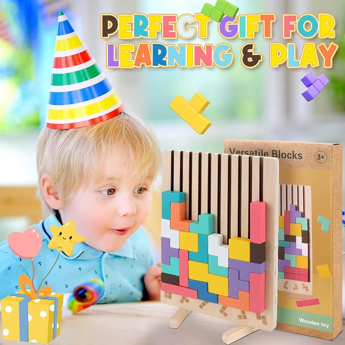 JONEG Games for 3+ Year Olds Kids- Wooden Stacking Puzzles - Brain Teasers 3D Russian Blocks Board - STEM Montessori Toys for Ages 3 4 5 6 7 10 - Gift for Toddlers Classroom Travel