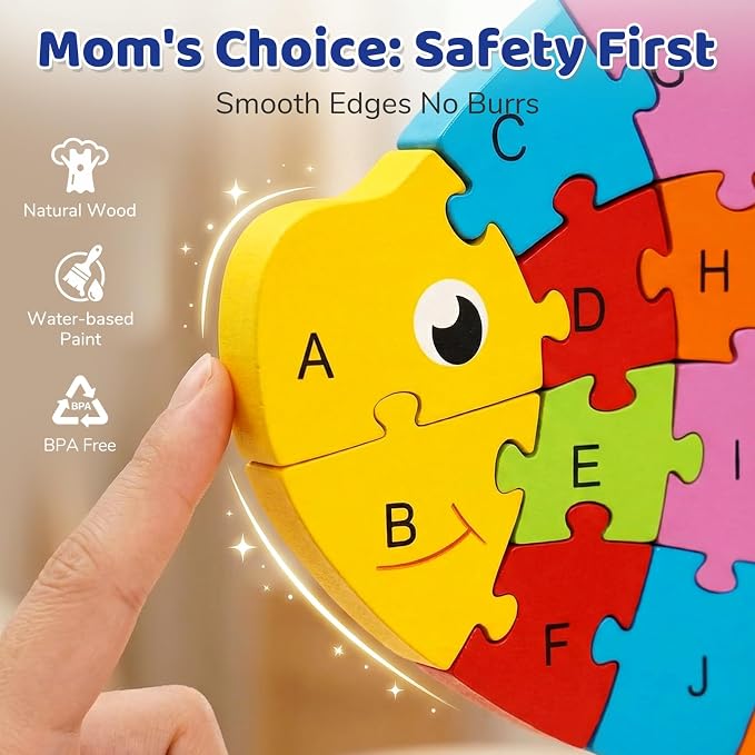 LovesTown Puzzle for Kids, Wooden, 3D Goldfish Shape | for Ages 3-5, Double-Sided, Alphabet Recognition, Number Counting, Fine Motor Skills, Montessori Educational Gifts