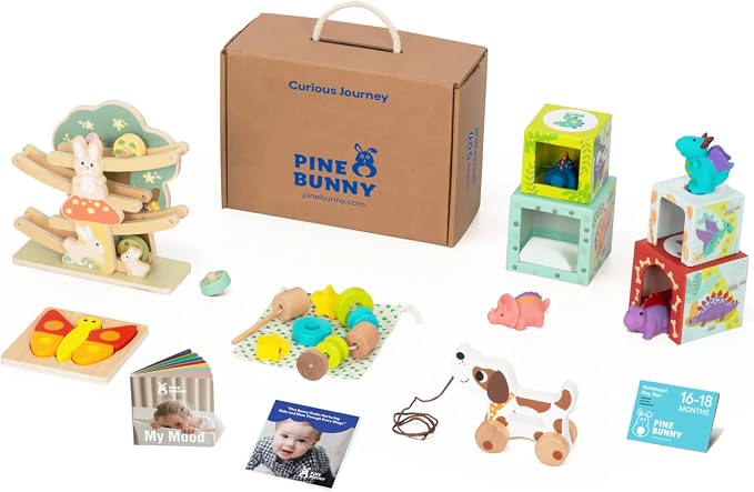 Pine Bunny Montessori Wooden 11-in-1 Toy Set for 16+ Months, Lacing Beads, Wooden Marble Run, Dinosaur Nesting Boxes, Butterfly Puzzle Pull Along Dog Educational Learning Counting STEM Fine Motor Toys