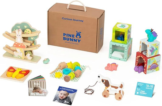 Pine Bunny Montessori Wooden 11-in-1 Toy Set for 16+ Months, Lacing Beads, Wooden Marble Run, Dinosaur Nesting Boxes, Butterfly Puzzle Pull Along Dog Educational Learning Counting STEM Fine Motor Toys