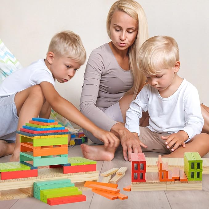 Hayder Classic Wooden Building Blocks Set, 100PCS | Solid Wood Blocks in 9 Colors Stacking Educational Toy Set for Kids