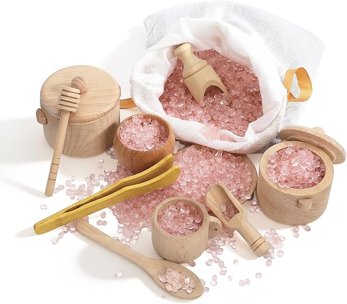 Hiceeden Set of 11 Wooden Sensory Bin Tools for Kids, Sensory Scoops and Tongs Toys with Bag, Waldorf Montessori Toys for Fine Motor Skill Learning