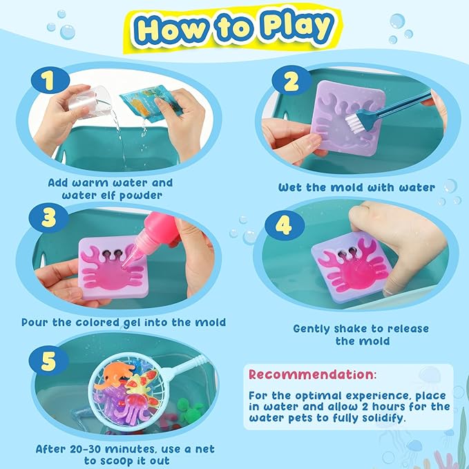 URMYWO Magic Water Elf Toy Kit, Aqua Fairy Gel Kit, DIY Squishy Maker Set | 20 Gels & 24 Molds,Make Your Own Squishies,Water Pets with Glow,Glitter Gels,Creative Sensory Craft Gift for Kids Ages 4+