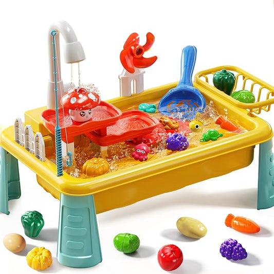 Kids Water Table Play Toy for Toddlers 4-8 Years Old | Kitchen Sink with Electrical Pump and Flowing Water, Fishing Games, Outside Sensory Gift Toys for Boys and Girls 3 4 5 6 7 8