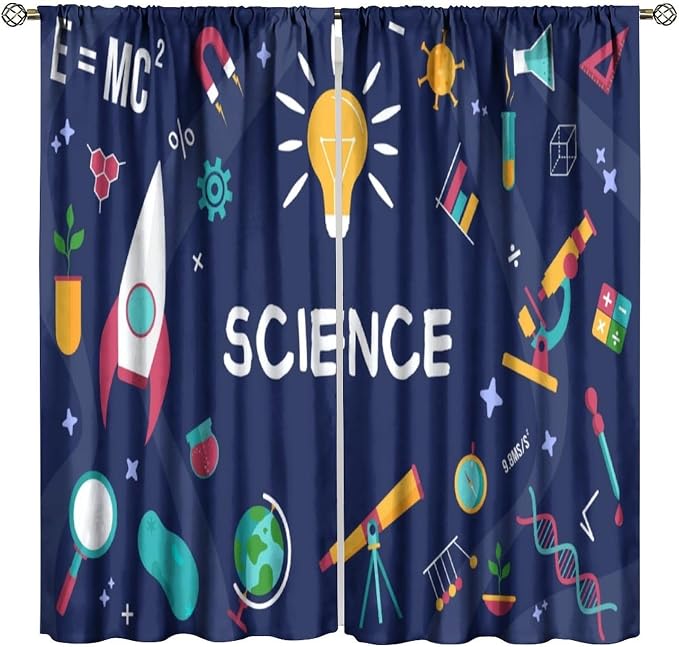 Science Symbols Kids Curtain Sketches Cartoon Chemistry Physics Geometry Education Pattern Print Window Drapes for Bedroom Living Room Kitchen Decor,2 Panel Set,63x72 Inch Blackout