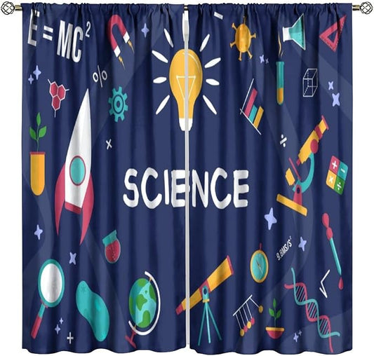 Science Symbols Kids Curtain Sketches Cartoon Chemistry Physics Geometry Education Pattern Print Window Drapes for Bedroom Living Room Kitchen Decor,2 Panel Set,63x72 Inch Blackout