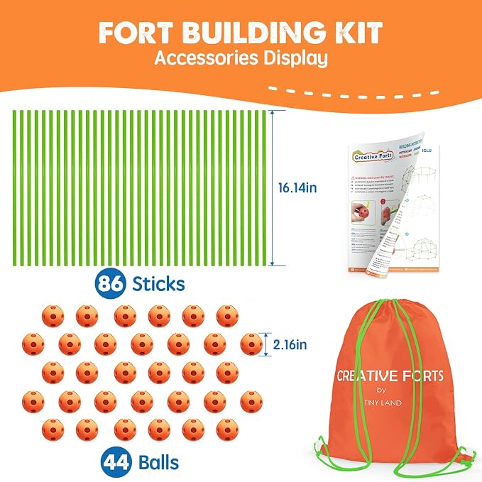 Tiny Land Fort Building Kit Creative Fort Indoor Outdoor for 5-12 Years Old Boys and Girls STEM Building Toys with Storage Bag DIY Castles Tunnels with 86 Rods and 44 Balls (Pack of 3)