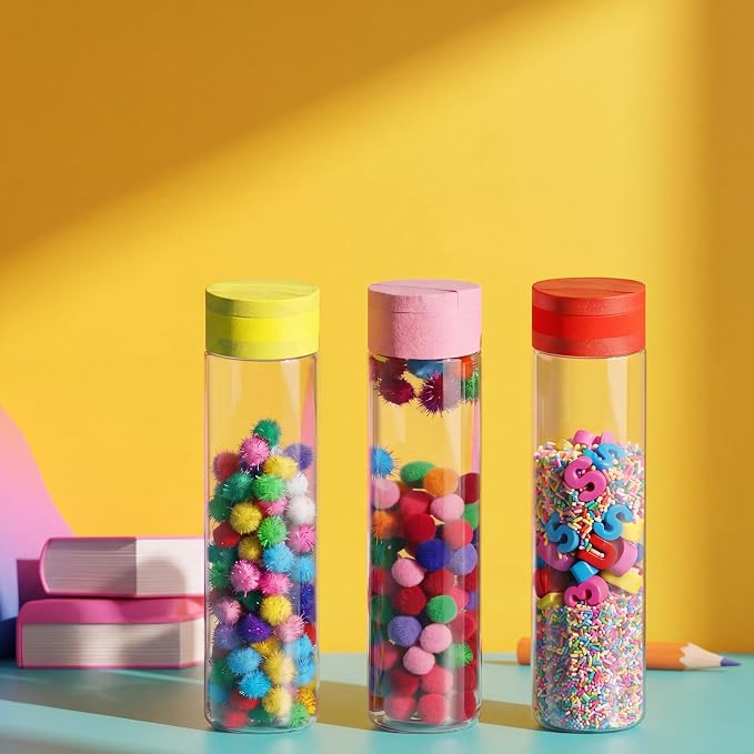 FoldTier 12 Set Letter Number Sensory Bottles, Plastic Clear Calming Kit | 13.5 oz Bottle, Pom-pom Balls, Alphabet and Number Decor, Clay, Rainbow Tape, Calm Down Jar Filler for Back to School