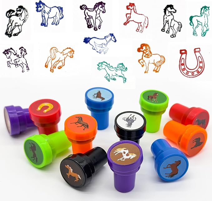 Cinrobiye 24 Pcs Horse Party Favors Stampers for Boys Girls，Pre-Inked Western Pony Stamp Set for Birthday Party Supplies Cowboy Themed Goody Bag Fillers Classroom Rewards Pinata Prizes DIY Crafts