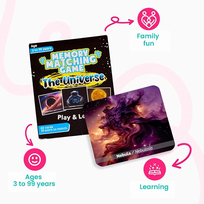 Menique Universe Memory Matching Game – 60 Cards (30 Pairs) – Bilingual Space Game with Planets, Stars & More – Educational for Kids and Adults