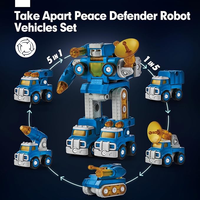 hahaland Toys for 5 Year Old Boy Birthday Gift, Stem Toys 6 Year Old Boys | 5 in 1 Take Apart Trucks Transform to Robot Toy Building Sets for Kids 5-7, Educational Creative Vehicle Drill Screw Playsets