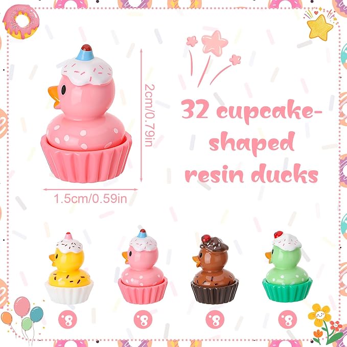 32 Pack Cupcakes Ducks Toy Figures, Novelty Cupcakes Duck | Tiny Ducks to Hide, Birthday Party Favor Gift Decoration (4 Styles)