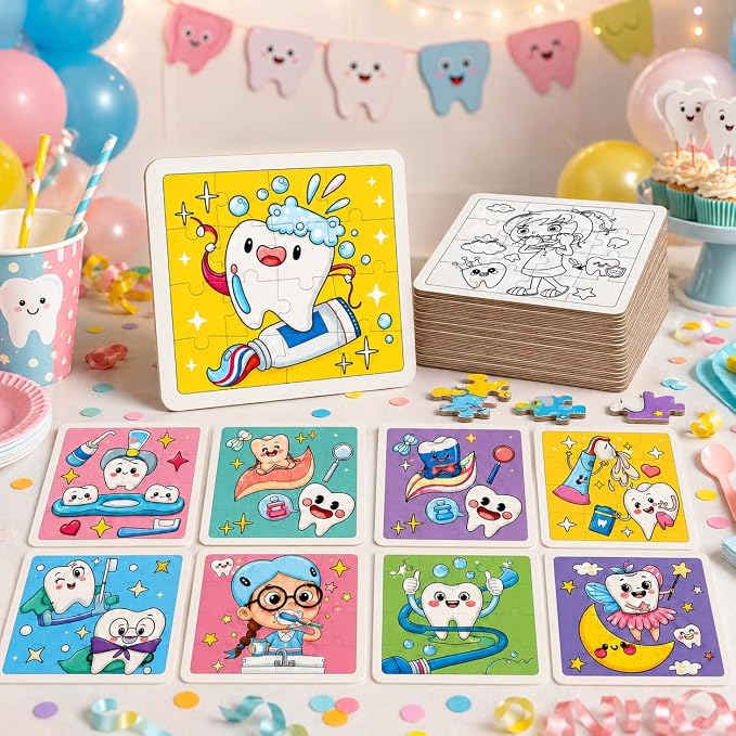 Cinrobiye 24 Pack Dental Coloring Activity Coloring Puzzle Set,Tooth Fairy Lost Tooth Puzzle Games with 12 Designs, Classroom Rewards, School Event Prizes, Dental Party Favors