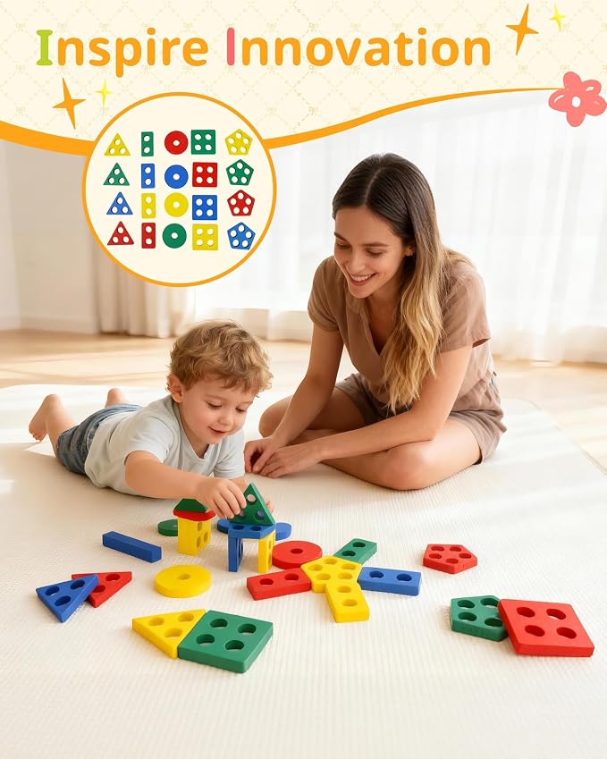 Montessori Toys for 1 2 3 Year Old, Wooden Stacking & Sorting Toy with Geometric Shapes, Educational Learning Toys and Birthday Gifts for Toddlers Boys Girls 1-3