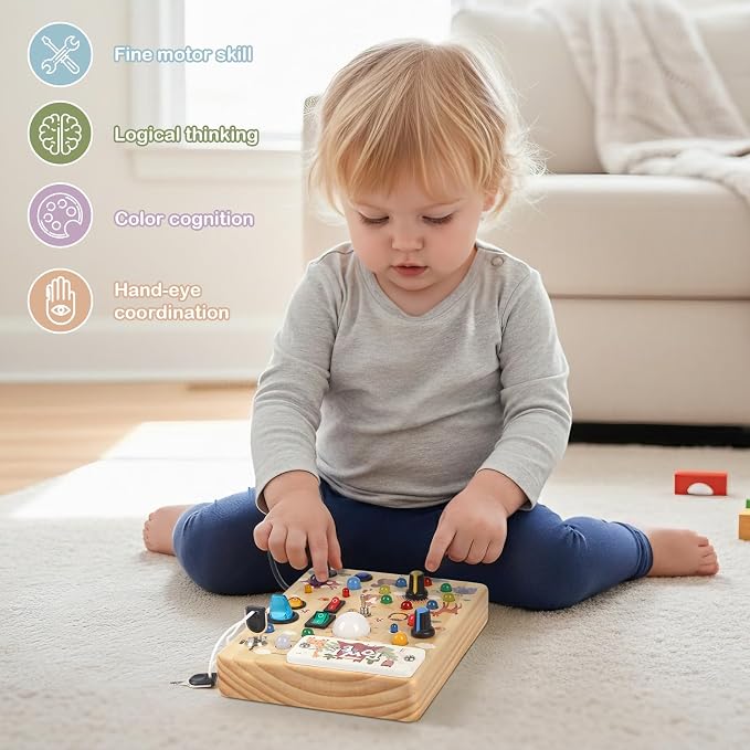 LED Busy Board for Toddlers 1-3,Montessori Toy with Key Switch, Light Up Wood Activity Sensory Board for Fine Motor Skills, Educational Travel Toy Gift for 1 2 3 Year Old Boys Girl