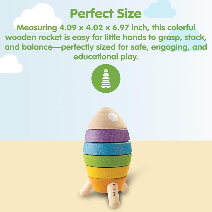 PlanToys® Wooden Stacking Rocket Toy for Toddlers, Montessori STEM Learning | wooden stacking rocket, montessori STEM learning, colorful rocket stacker, fine motor skill problem solving, preschool gift k