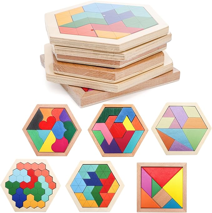 Yopay 6 Pack Wooden Tangrams Puzzles for Kids, 6 Styles Brain Teaser Hexagon Puzzle Block Geometric Shapes Jigsaw 3D Logic IQ Game