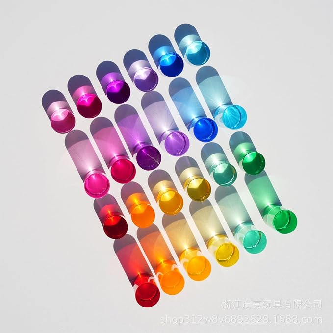 Rainbow Acrylic Blocks, 16 Stackable Cylinders for Kids Ages 3+ | 16 acrylic color blocks, 2 x 1 in, stackable, ages 3+, white paper box for gift wrap, preschool and light table use