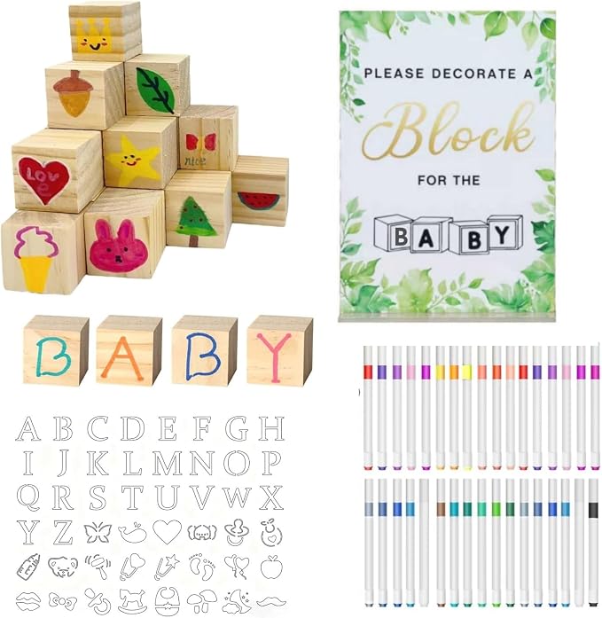 156-Piece Baby Shower Building Block Game Set, featuring 58 plain wooden blocks, 48 markers, 48 templates, 1 game instruction card, and 1 storage box—specially designed for parties (Leaves Theme)