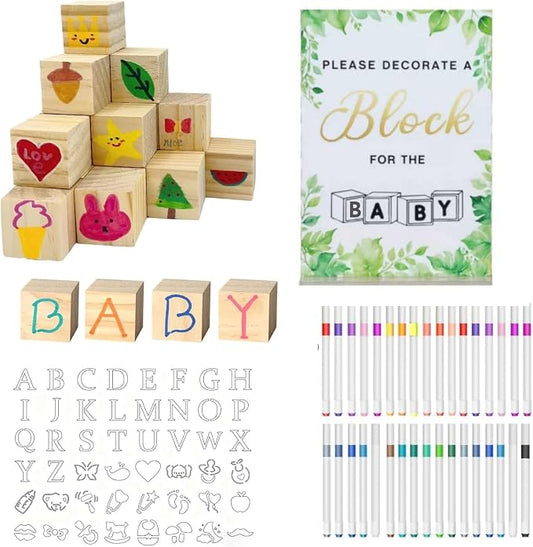 156-Piece Baby Shower Building Block Game Set, featuring 58 plain wooden blocks, 48 markers, 48 templates, 1 game instruction card, and 1 storage box—specially designed for parties (Leaves Theme)