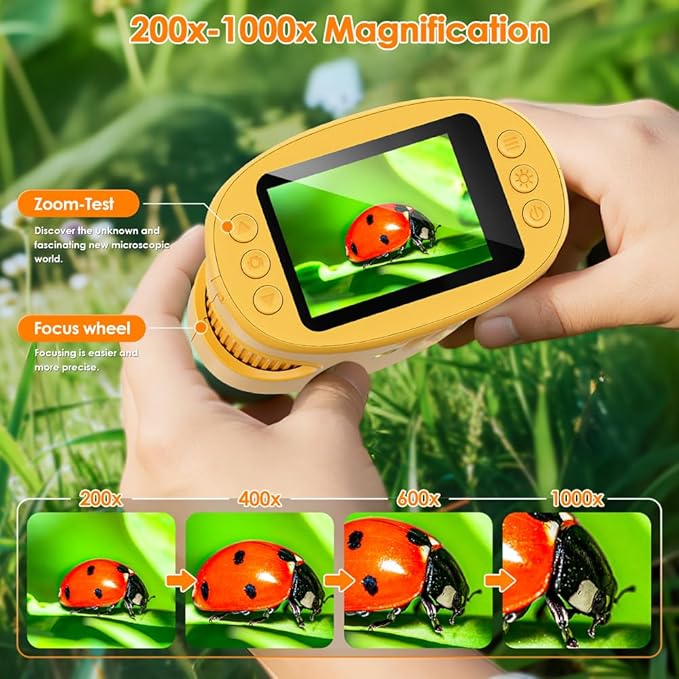 Temodu Kids Microscope 2.0" Screen 1000X Digital Microscope for Kids, Mini Pocket Handheld Microscopes for Children Birthday Festival Gift, Science Education Fun Toys for Boys Girls Ages 4-12 (Yellow)