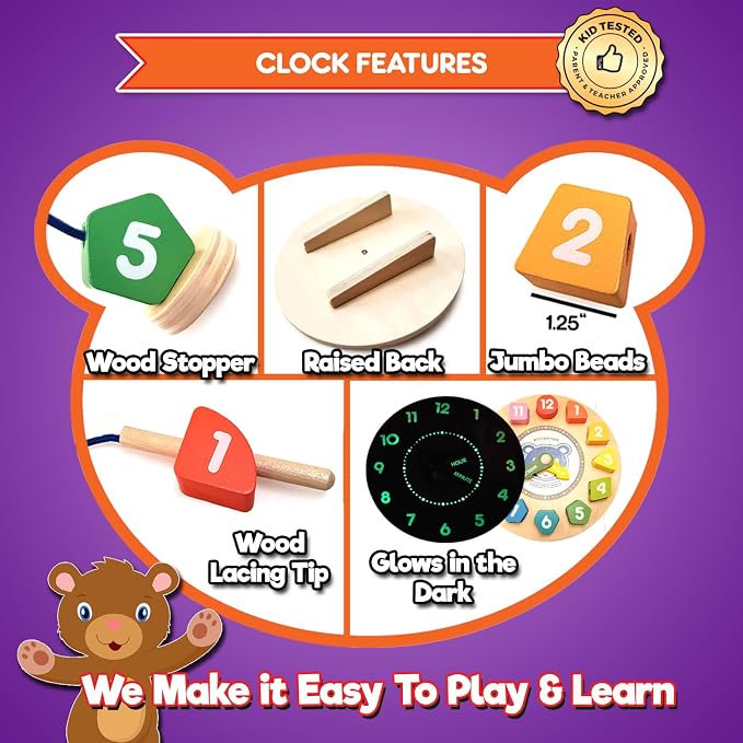 Shapes & Colors Clock - Match, Count, Lace & Play w 12pc Wood Beads + eBook