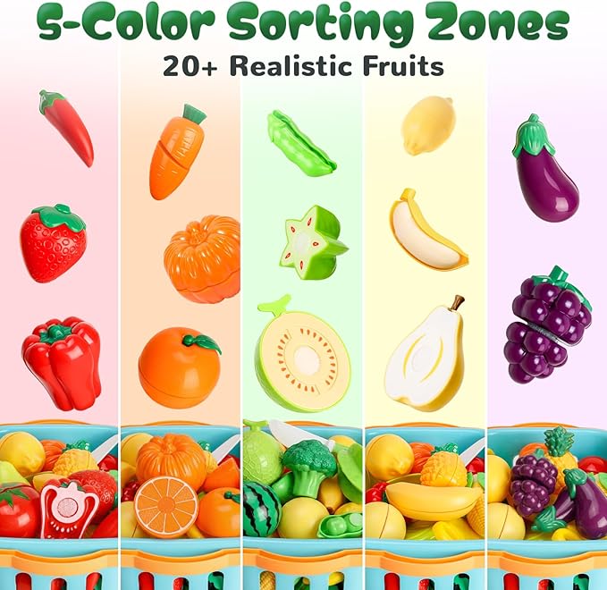 SOCBTNSO Pretend Play Food Set with Felt Tree Mat & Storage Basket for Kids | Kitchen Accessories Toys|Fruit and Veggie Sensory Toy|Montessori Color Sorting|Gift for Toddlers 3 4 5 6 Year Old|Boys Girls