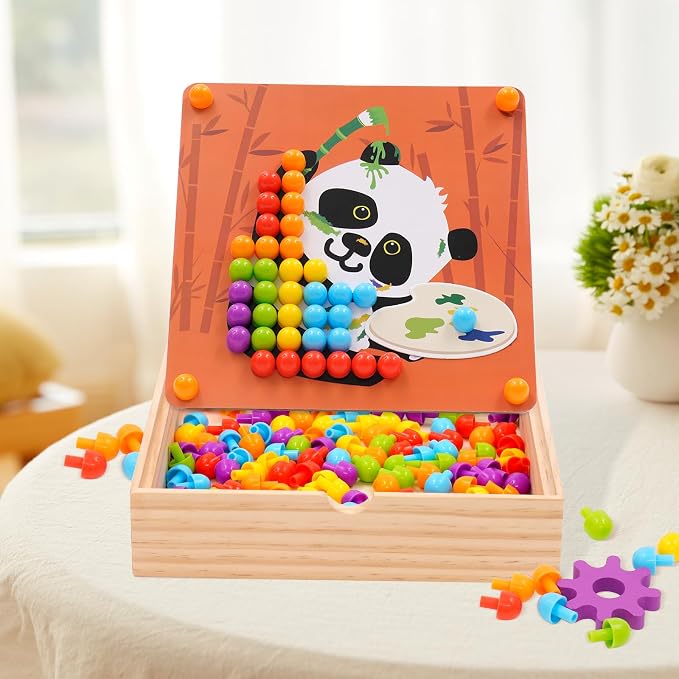 Button Art Toy for Toddlers Wooden Mosaic Pegboard Toy Color Matching Toy Fine Motor Skill with Box 180 Buttons 10 Pictures Montessori Early Development Toy for Toddlers Boys Girls 1 2 3 4 5 6