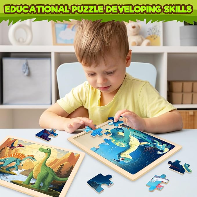 Wooden Puzzles Dinosaur Toys for Kids Ages 3-5, 4 Packs Jigsaw Dino Puzzles for Kids Ages 4-6, Educational Boards Game Gifts for 3 4 5 6 Boys Girls