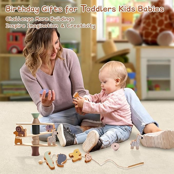 Wooden Animals Threading Toys Lacing Beads for 3+,Stacking Blocks Balance Game,Family Educational Preschool Learning Toy, Preschoolers Montessori Classroom Activities,Ideal Gift for Kids