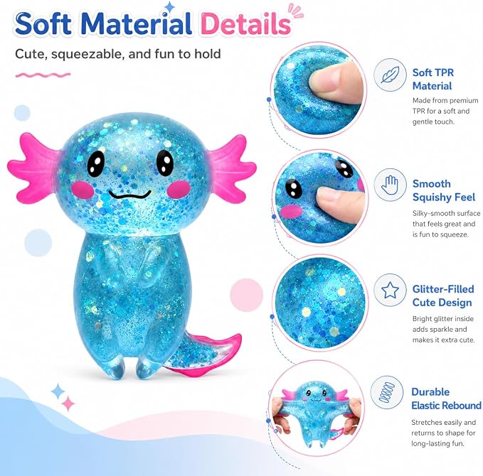 Axolotl Squishy Stress Ball, Soft TPR Slow Rising Squeeze Toy, Cute Axolotl Fidget Toy for Stress Relief, Anxiety Calming Sensory Toy for Kids Adults(Blue Long Tail Axolotl)