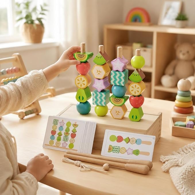 Children Learning Beads Wooden Fruit Themed Threading Blocks with Lacing String Pattern Cards Storage Box for Sequencing Shape Recognition Suitable for Classroom playroom