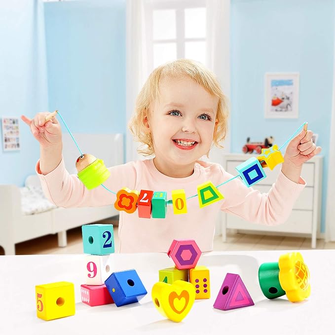 TOP BRIGHT Wooden Lacing Beads, Montessori Fine Motor Toys for Toddlers 1-3