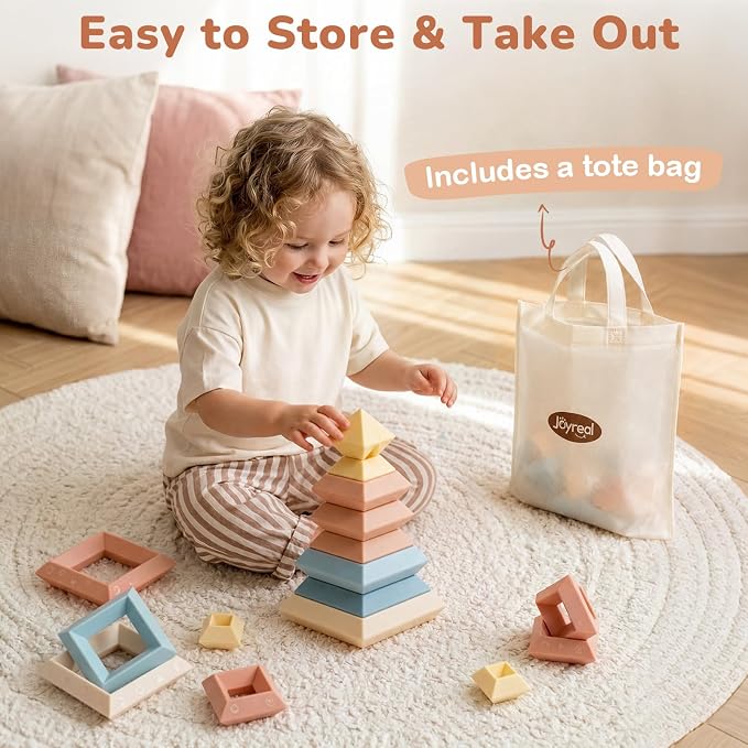 Joyreal Montessori Stacking Blocks for Toddlers 1-3，30PCS Nesting & Building Toys with Storage Bag,Educational Fine Motor Learning Toy, Preschool STEM Stacking Blocks for Boys Girls 12M+