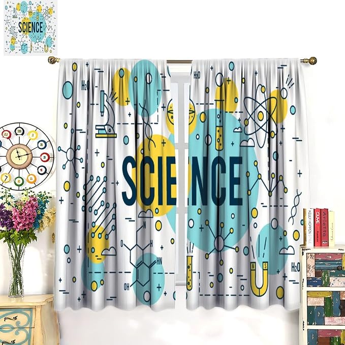 Science Symbols Kids Curtain Sketches Cartoon Chemistry Physics Geometry Education Pattern Print Window Drapes for Bedroom Living Room Kitchen Decor,2 Panel Set,84x84 Inch Blackout