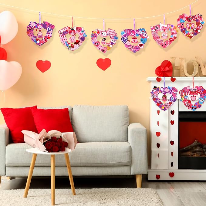 Hollowfly 48-Set Valentine's Day Wreath Craft Kit, 8 Paper Designs | Heart, Bird and Envelope Stickers, 5.91 in Make-and-Hang Wreaths, DIY Crafts for Home and Valentine Party Activities