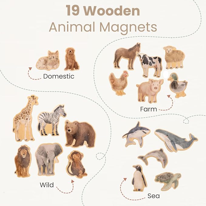 Wooden Animal Magnets for Toddlers | 19 Pieces | Original Watercolor Art on Basswood | Aesthetic Fridge Magnets | Farm, Wild, Sea & Domestic | Montessori-Inspired | Ages 2+